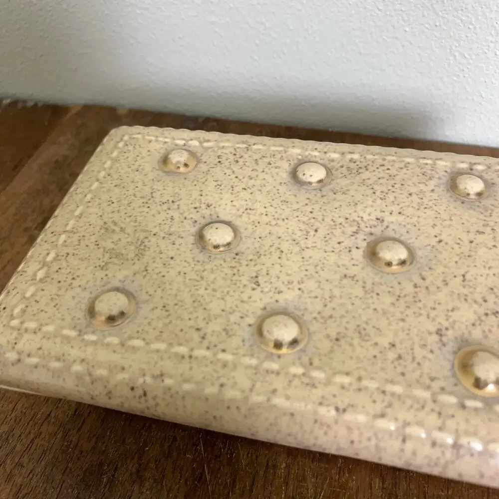 VINTAGE cream gold ottoman style trinket jewelry box ceramic Signed by Nelson‎